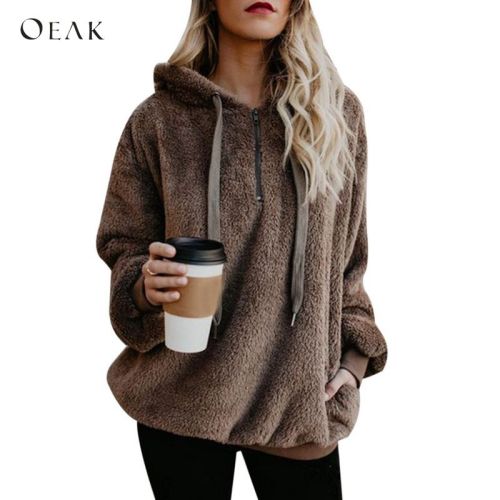 OEAK Women Fleece Hoodies 2018 Long Sleeve Hooded Pullover Sweatshirt Autumn Winter Warm Zipper Pocket Fur Coat Plus Size 5XL