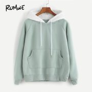 ROMWE Pale Green Patchwork Hoodie Women Raglan Long Sleeve Cute Contrast Hooded Sweatshirt  Fall Pocket Drawstring Hoodies