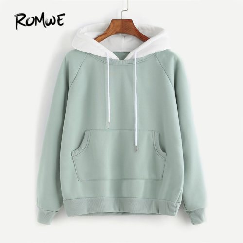 ROMWE Pale Green Patchwork Hoodie Women Raglan Long Sleeve Cute Contrast Hooded Sweatshirt  Fall Pocket Drawstring Hoodies