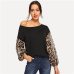 SHEIN Black Leopard Contrast Mesh Pullover One Shoulder Bishop Sleeve Sweatshirt Women Autumn Patchwork Elegant Sweatshirts