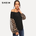 SHEIN Black Leopard Contrast Mesh Pullover One Shoulder Bishop Sleeve Sweatshirt Women Autumn Patchwork Elegant Sweatshirts