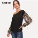 SHEIN Black Leopard Contrast Mesh Pullover One Shoulder Bishop Sleeve Sweatshirt Women Autumn Patchwork Elegant Sweatshirts