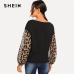 SHEIN Black Leopard Contrast Mesh Pullover One Shoulder Bishop Sleeve Sweatshirt Women Autumn Patchwork Elegant Sweatshirts