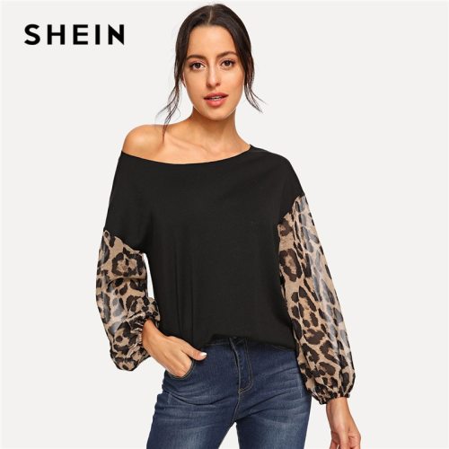 SHEIN Black Leopard Contrast Mesh Pullover One Shoulder Bishop Sleeve Sweatshirt Women Autumn Patchwork Elegant Sweatshirts