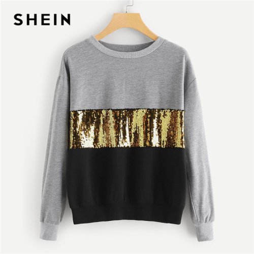 SHEIN Multicolor Contrast Cut and Sew Sequin Sweatshirt Casual Colorblock Long Sleeve Pullovers Women Autumn Sweatshirts