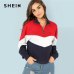 SHEIN Multicolor Minimalist O-Ring Zip Front Cut And Sew Stand Neck Raglan Sleeve Sweatshirt Autumn Women Casual Pullovers