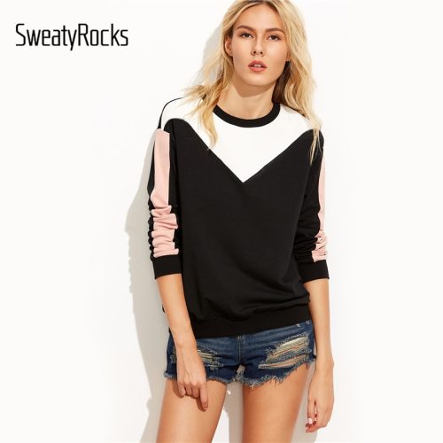 SweatyRocks Color Block Drop Shoulder Sweatshirt Womens Round Neck Long Sleeve Sporting Pullovers Sweatshirt  Fall Casual Top