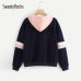 SweatyRocks Navy Contrast Panel Drawstring Hoodie Sweatshirt Long Sleeve Pullovers Women Hoodies 2018 Autumn Casual Sweatshirts