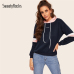 SweatyRocks Navy Contrast Panel Drawstring Hoodie Sweatshirt Long Sleeve Pullovers Women Hoodies 2018 Autumn Casual Sweatshirts