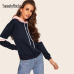 SweatyRocks Navy Contrast Panel Drawstring Hoodie Sweatshirt Long Sleeve Pullovers Women Hoodies 2018 Autumn Casual Sweatshirts