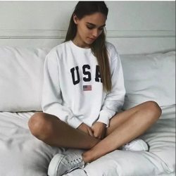 USA Letter print New women fashion Long Sleeve Hoodie Sweatshirt Harajuku Jumper Hooded Pullover Tops Casual Loose White Coat