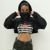 Weekeep Black Cropped Hooded Sweatshirt Women Loose Chain Patchwork Pullover Hoodie Fashion Streetwear Sweat Femme Hoodies Top