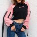 Weekeep Women Patchwork Letter Print Hoodies Cropped Streetwear Long Sleeve Sweatshirt Black Pink Knitted Loose Pullover Hoodie