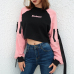 Weekeep Women Patchwork Letter Print Hoodies Cropped Streetwear Long Sleeve Sweatshirt Black Pink Knitted Loose Pullover Hoodie