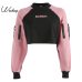 Weekeep Women Patchwork Letter Print Hoodies Cropped Streetwear Long Sleeve Sweatshirt Black Pink Knitted Loose Pullover Hoodie