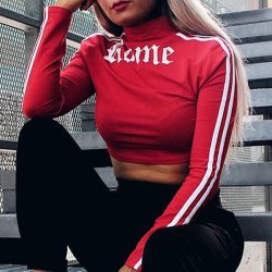 Women Turtleneck Sweatshirt Sexy Red Crop Tops Romeo Letter Printed Long Sleeve Autumn Tumblr Punk Cropped Sweatshirt Hoodies