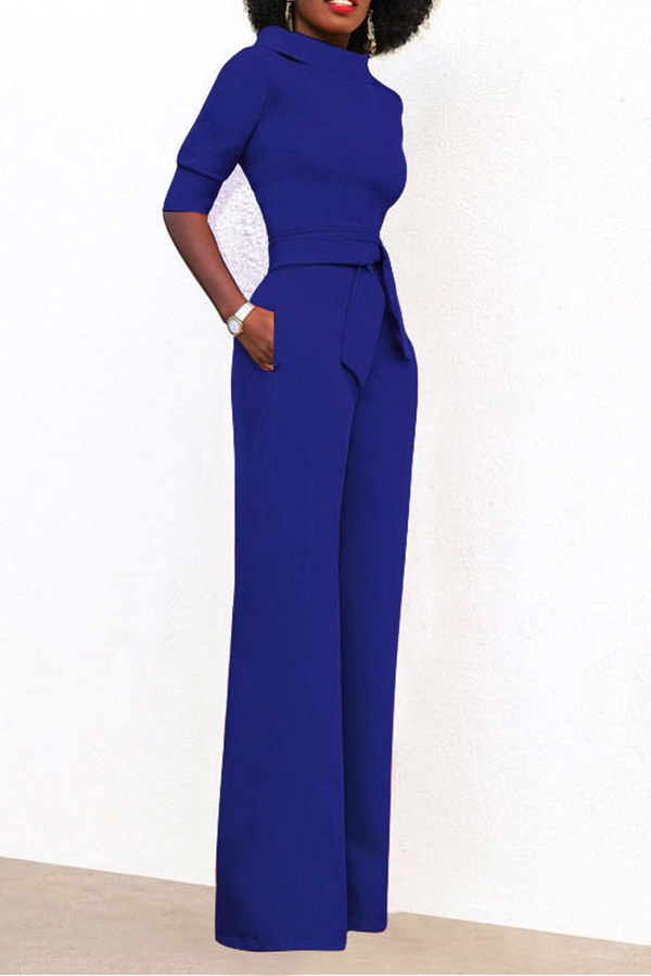  Chic Turtleneck Half Sleeves Blue Polyester One-piece Jumpsuits(With Belt)