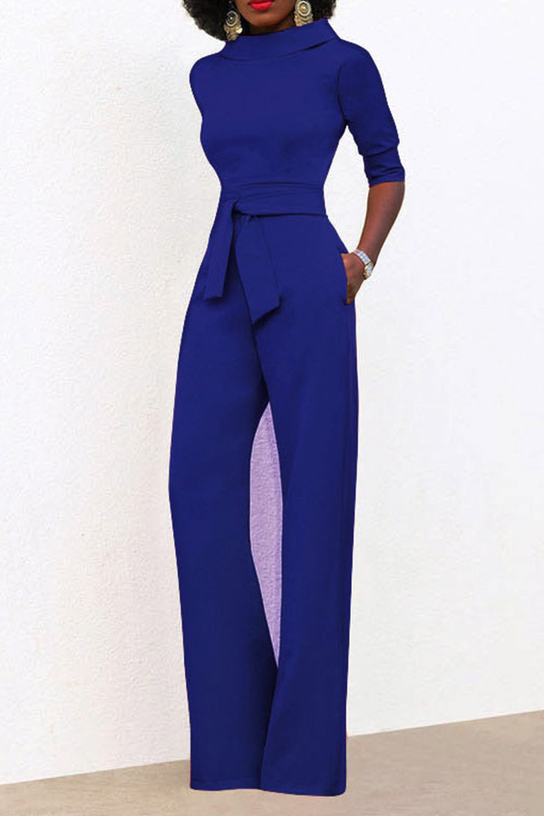  Chic Turtleneck Half Sleeves Blue Polyester One-piece Jumpsuits(With Belt)