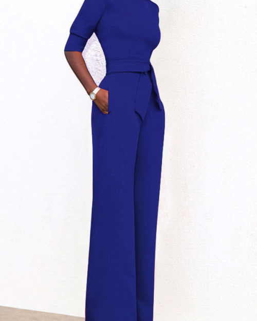 Chic Turtleneck Half Sleeves Blue Polyester One-piece Jumpsuits(With Belt) Chic Turtleneck Half Sleeves Blue Polyester One-piece Jumpsuits(With Belt)