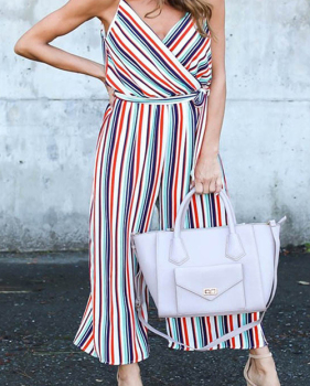  Color Striped Wide Leg Romper
