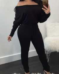 Euramerican Bateau Neck Lace-up Black Polyester One-piece Jumpsuits Euramerican Bateau Neck Lace-up Black Polyester One-piece Jumpsuits