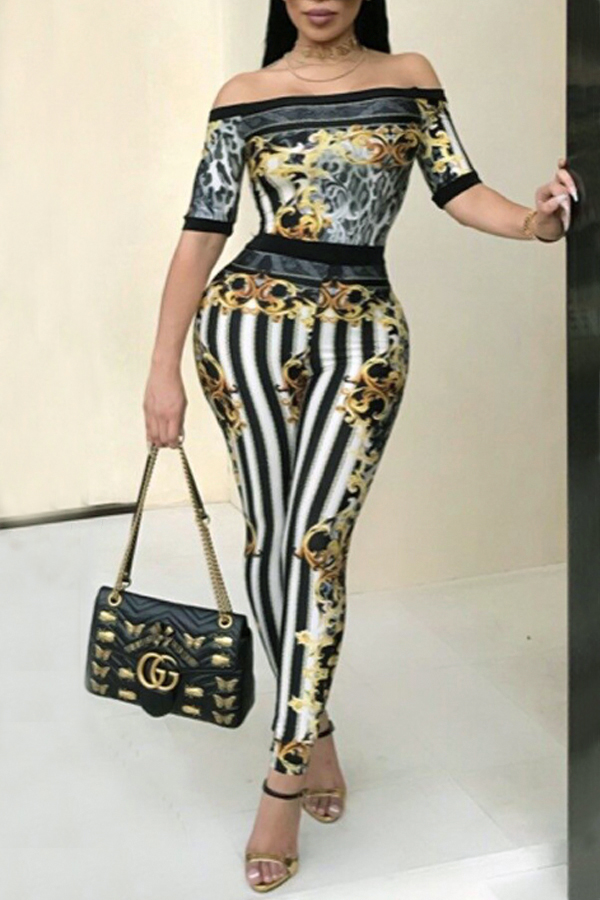  Euramerican Bateau Neck Leopard Printed One-piece Jumpsuits