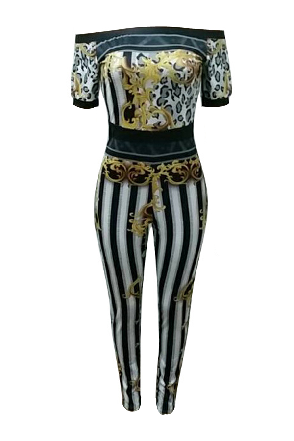  Euramerican Bateau Neck Leopard Printed One-piece Jumpsuits