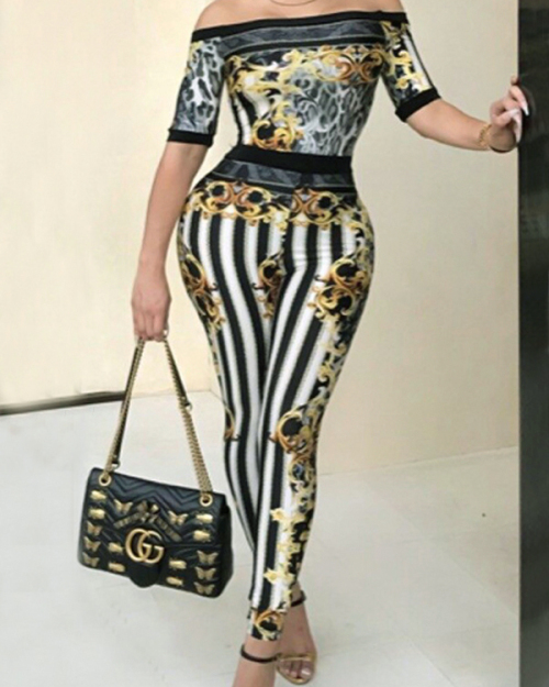 Euramerican Bateau Neck Leopard Printed One-piece Jumpsuits Euramerican Bateau Neck Leopard Printed One-piece Jumpsuits