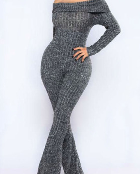 Euramerican Bateau Neck Trumpet Design Grey Cotton Blends One-piece Jumpsuits Euramerican Bateau Neck Trumpet Design Grey Cotton Blends One-piece Jumpsuits