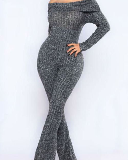 Euramerican Bateau Neck Trumpet Design Grey Cotton Blends One-piece Jumpsuits Euramerican Bateau Neck Trumpet Design Grey Cotton Blends One-piece Jumpsuits