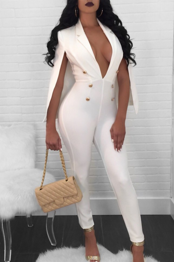  Euramerican Deep V Neck Cloak Design White Polyester One-piece Jumpsuits