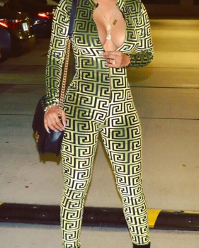  Euramerican Deep V Neck Geometric Printed Green Polyester One-piece Jumpsuits