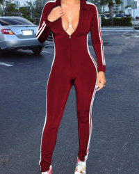  Euramerican Deep V Neck Zipper Design Wine Red Polyester One-piece Jumpsuits