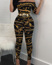  Euramerican Dew Shoulder Chain Printed Black Polyester One-piece Jumpsuits(Without Belt)
