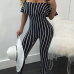 Euramerican Dew Shoulder Striped Black-white Polyester One-piece Skinny Jumpsuits Euramerican Dew Shoulder Striped Black-white Polyester One-piece Skinny Jumpsuits