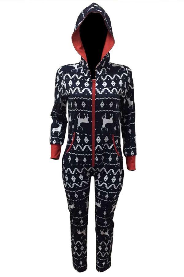  Euramerican Hooded Collar Christmas Printed Designs Polyester One-piece Jumpsuits