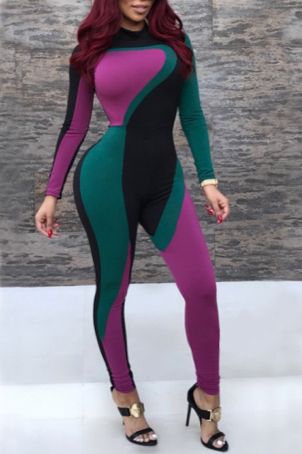  Euramerican Mandarin Collar Patchwork Polyester One-piece Jumpsuits