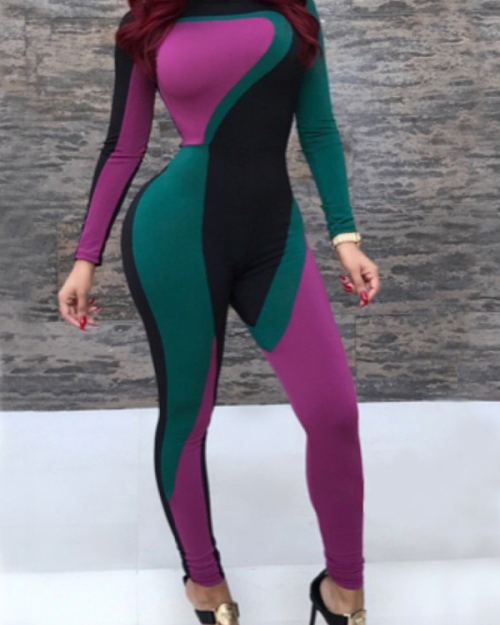 Euramerican Mandarin Collar Patchwork Polyester One-piece Jumpsuits Euramerican Mandarin Collar Patchwork Polyester One-piece Jumpsuits