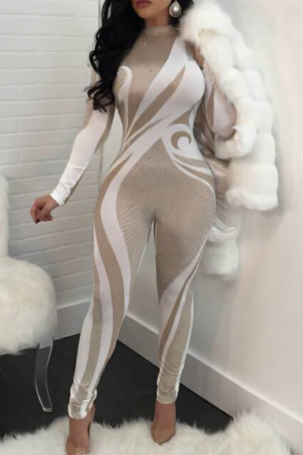  Euramerican Mandarin Collar Printed White Polyester One-piece Jumpsuits(Kind Prevail)