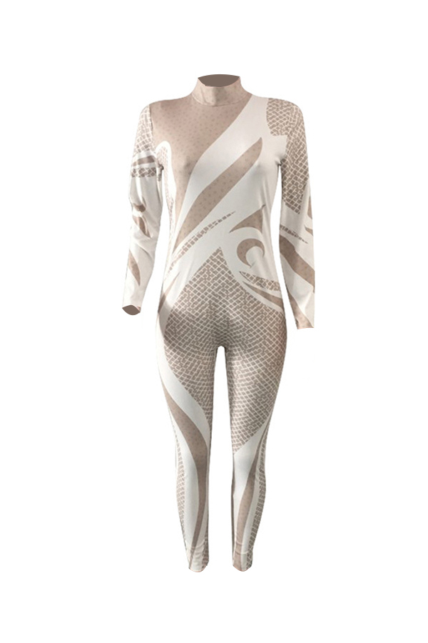  Euramerican Mandarin Collar Printed White Polyester One-piece Jumpsuits(Kind Prevail)