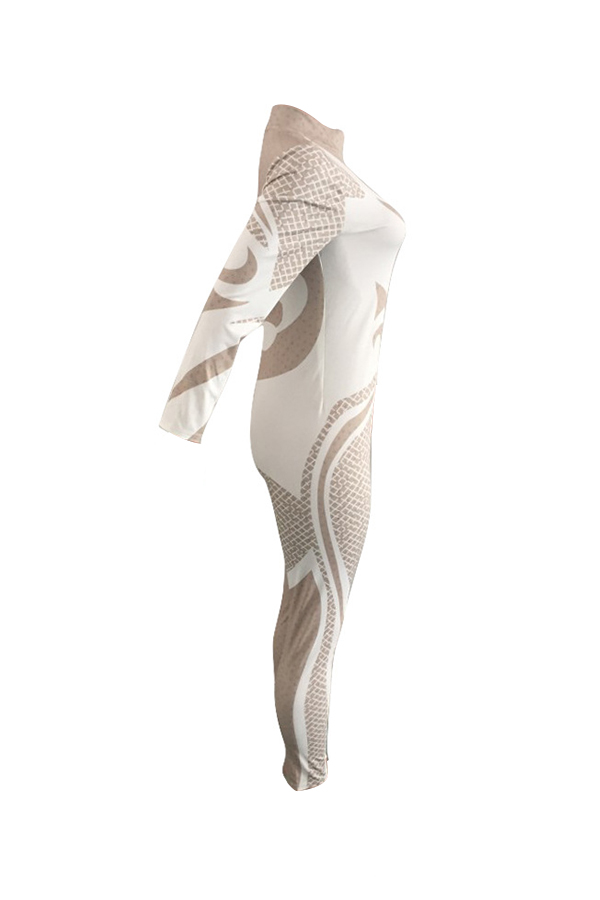  Euramerican Mandarin Collar Printed White Polyester One-piece Jumpsuits(Kind Prevail)