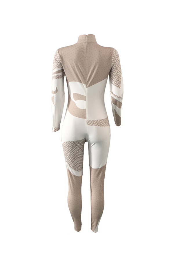  Euramerican Mandarin Collar Printed White Polyester One-piece Jumpsuits(Kind Prevail)