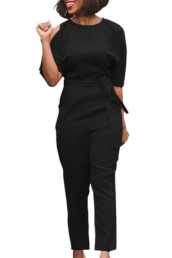  Euramerican Round Neck Dew Shoulder Black Polyester One-piece Jumpsuits