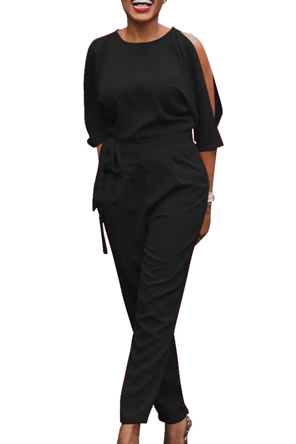  Euramerican Round Neck Dew Shoulder Black Polyester One-piece Jumpsuits