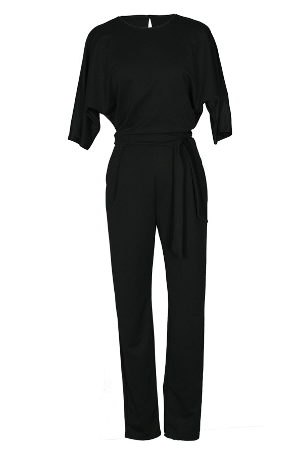  Euramerican Round Neck Dew Shoulder Black Polyester One-piece Jumpsuits