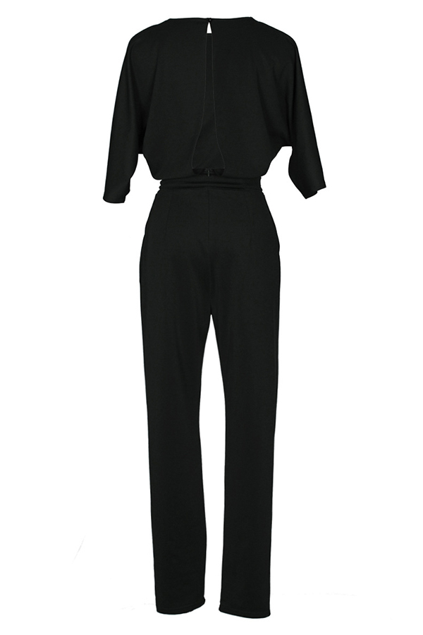  Euramerican Round Neck Dew Shoulder Black Polyester One-piece Jumpsuits