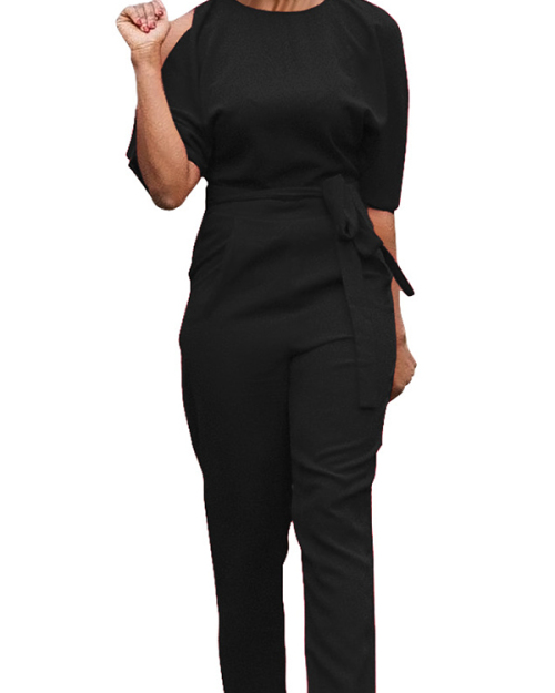 Euramerican Round Neck Dew Shoulder Black Polyester One-piece Jumpsuits Euramerican Round Neck Dew Shoulder Black Polyester One-piece Jumpsuits