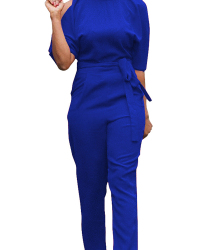  Euramerican Round Neck Dew Shoulder Blue Polyester One-piece Jumpsuits