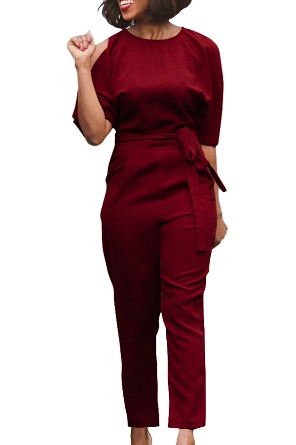  Euramerican Round Neck Dew Shoulder Wine Red Polyester One-piece Jumpsuits