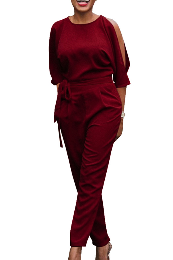  Euramerican Round Neck Dew Shoulder Wine Red Polyester One-piece Jumpsuits